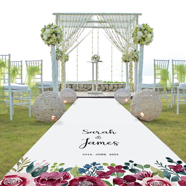Burgundy Flowers Personalised Wedding Aisle Runner