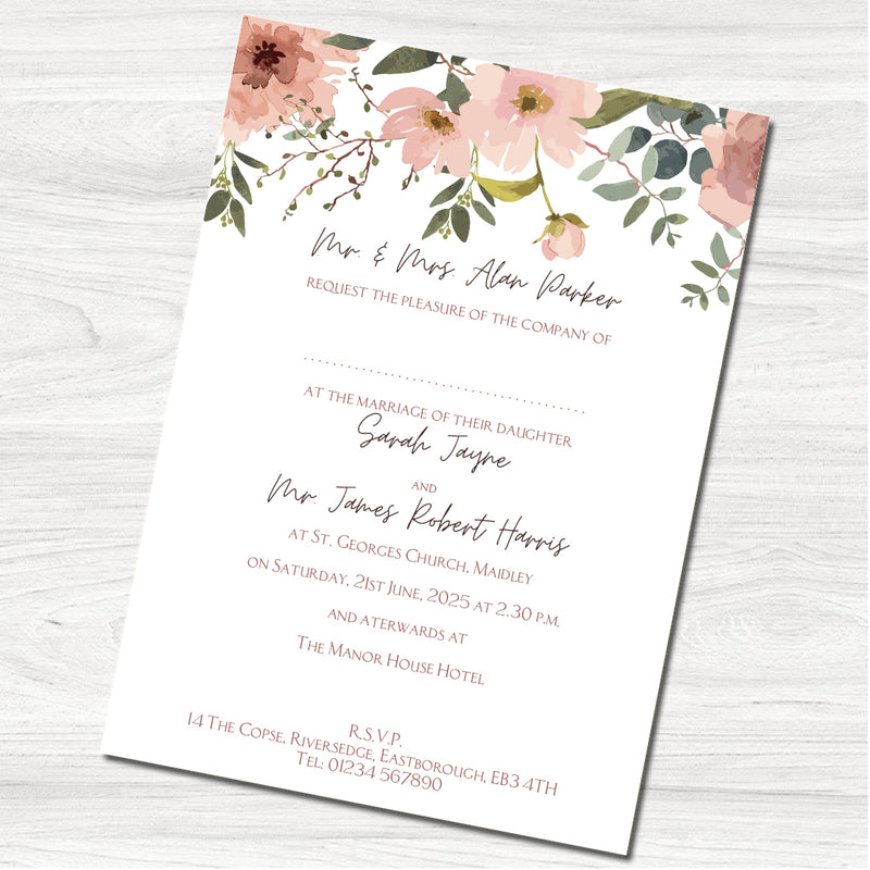 Dusky Pink Floral Wedding Day Invitation