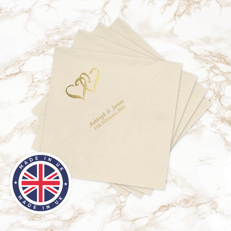 Personalised Serviettes - Entwined Hearts, Available in White or Cream