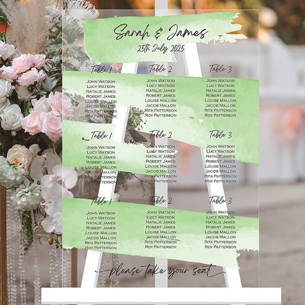 Watercolour - Personalised Wedding Table/Seating Plan, Acrylic Table Plan, Entrance Wedding Decor - Green