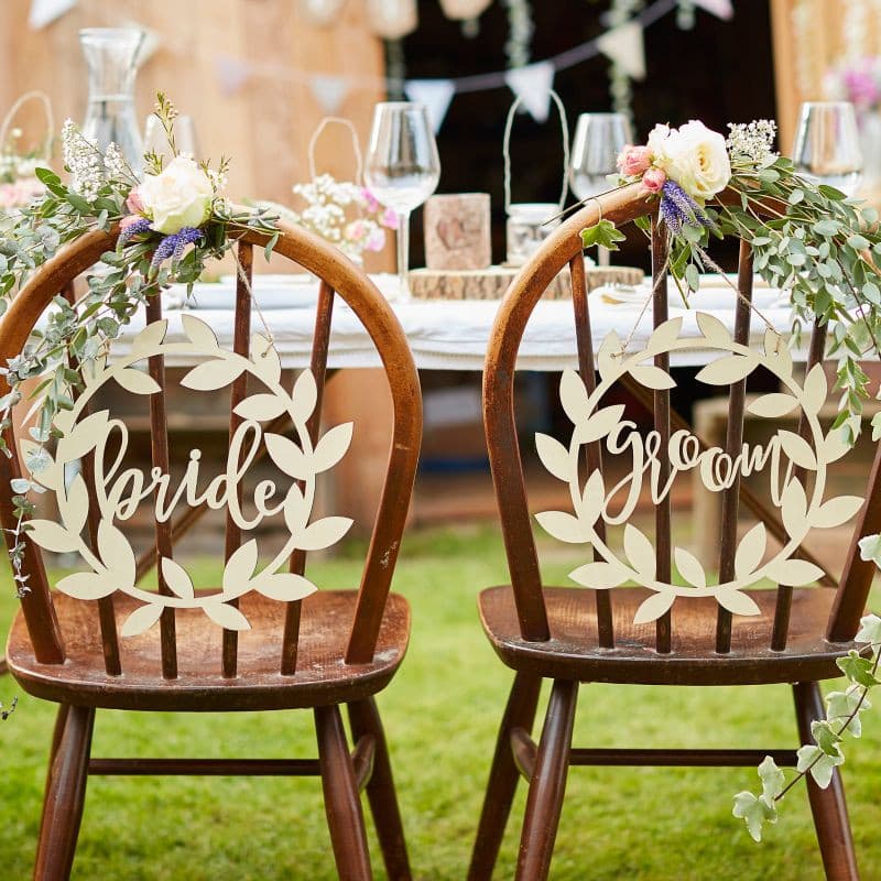 Wooden Bride and Groom Chair Signs.