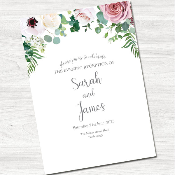 Floral Arch Wedding Evening Invitation-Back