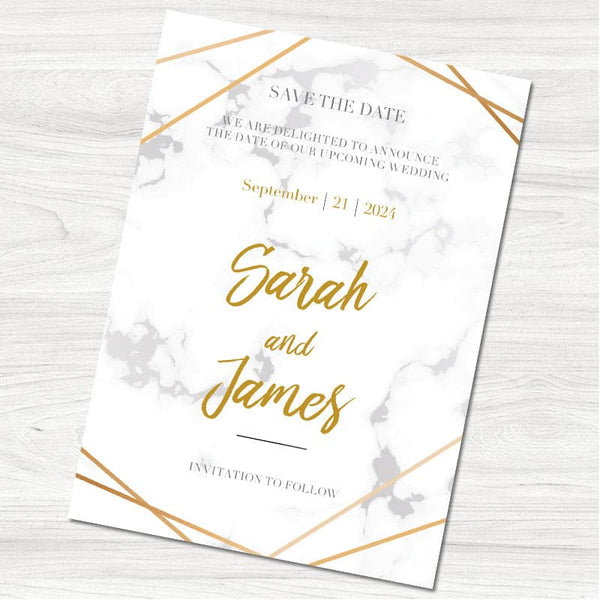Grey & Gold Marble Save the Date Card.