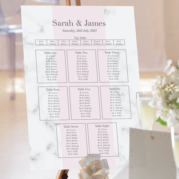 Pink & Marble Stripe Wedding Table Plan.