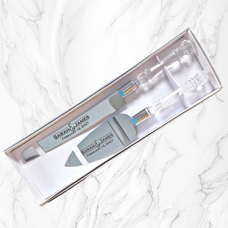 Clear Handles Personalised Wedding Cake Knife & Serving Set, Personalised Serving Set, Personalised Cake Knife & Server