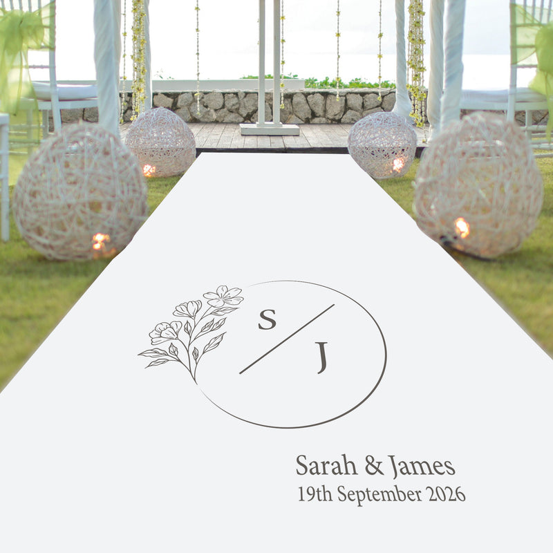 Elegant Floral Monogram Personalised Wedding Aisle Runner