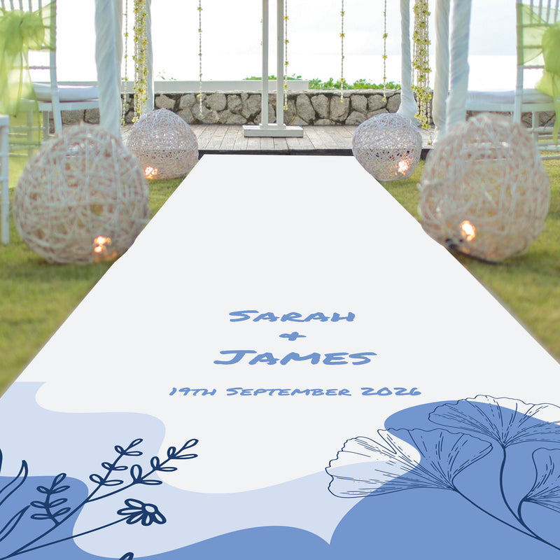 Elegant Blue Floral Personalised Wedding Aisle Runner