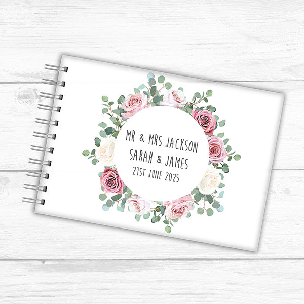 Personalised A5 Wood / Frosted Acrylic Wedding Guest Book - Pink & White Roses