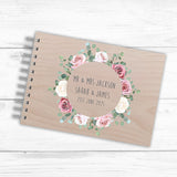 Personalised A5 Wood / Frosted Acrylic Wedding Guest Book - Pink & White Roses