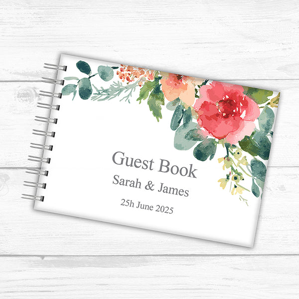 Watercoloured Flowers - Personalised Guestbook Available in Wood or Frosted Acrylic
