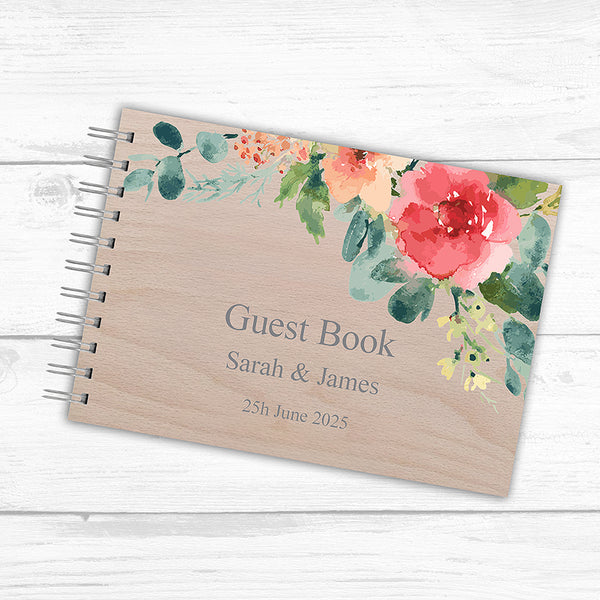 Watercoloured Flowers - Personalised Guestbook Available in Wood or Frosted Acrylic