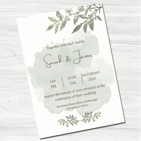 Green Watercolour Wedding Day Invitation