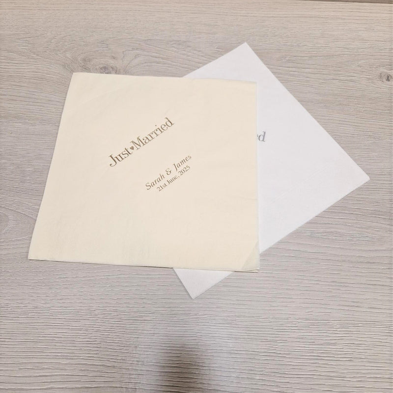 Personalised Just Married Napkins/Serviettes Available in White or Cream