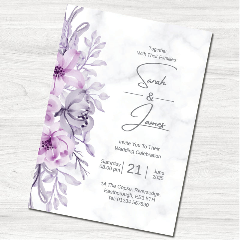 purple minimalist wedding day invitation