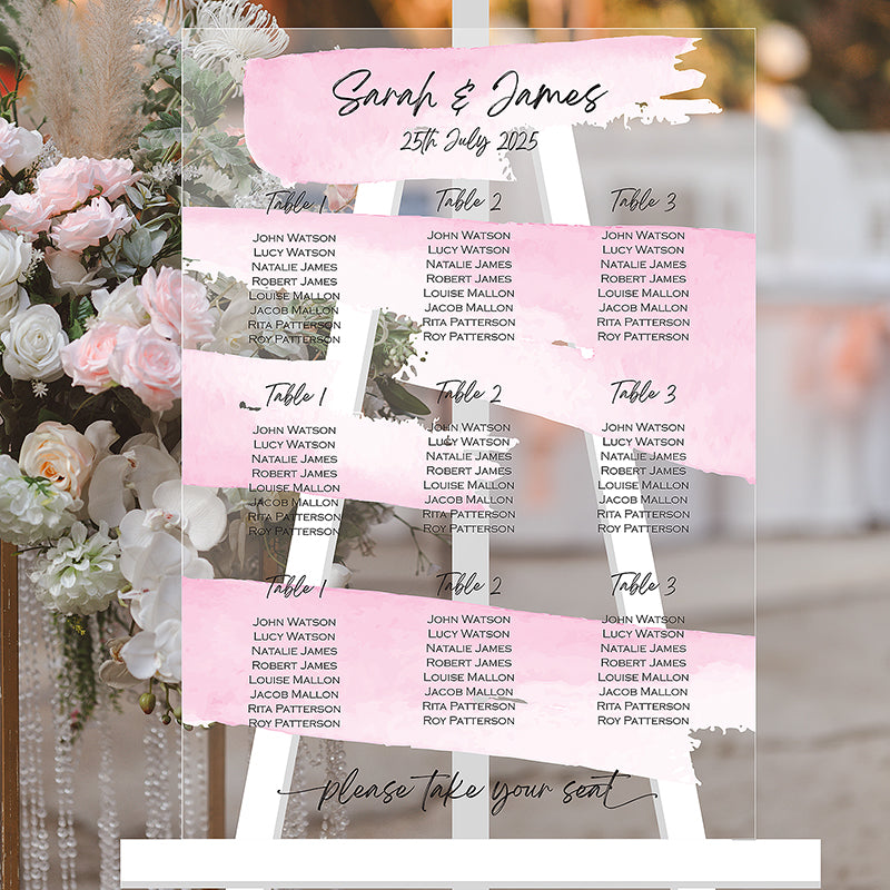 Watercolour - Personalised Wedding Table/Seating Plan, Acrylic Table Plan, Entrance Wedding Decor - Pink