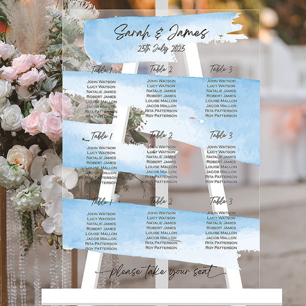 Watercolour - Personalised Wedding Table/Seating Plan, Acrylic Table Plan, Entrance Wedding Decor - Blue