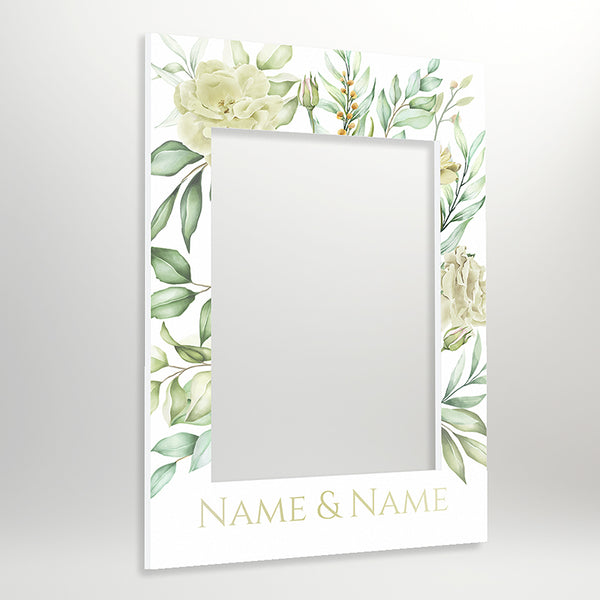 Green Leaves Premium Personalised, Elegant Wedding Selfie Frame ideal for Engagement Parties, Weddings & Celebrations 