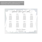Personalised White Paint Stroke Clear Acrylic Table Plan Sign / Large 59.4 cm x 42 cm Custom Seating Plan Sign / Elegant Wedding Reception Sign / Made In The UK