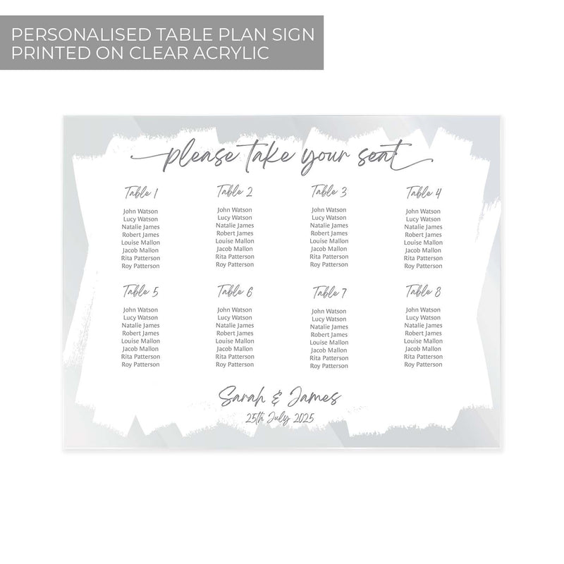 Personalised White Paint Stroke Clear Acrylic Table Plan Sign / Large 59.4 cm x 42 cm Custom Seating Plan Sign / Elegant Wedding Reception Sign / Made In The UK