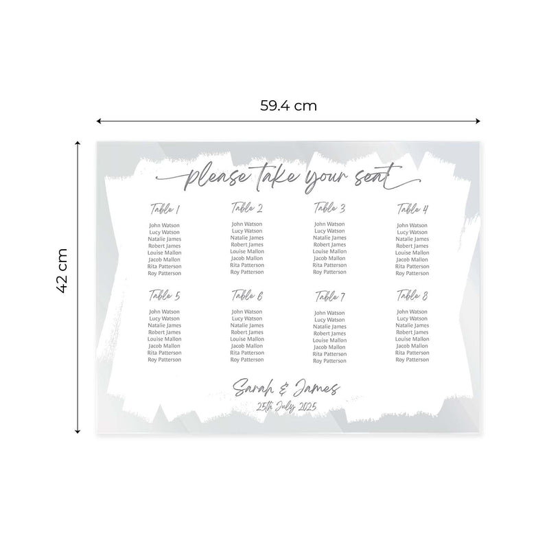 Personalised White Paint Stroke Clear Acrylic Table Plan Sign / Large 59.4 cm x 42 cm Custom Seating Plan Sign / Elegant Wedding Reception Sign / Made In The UK