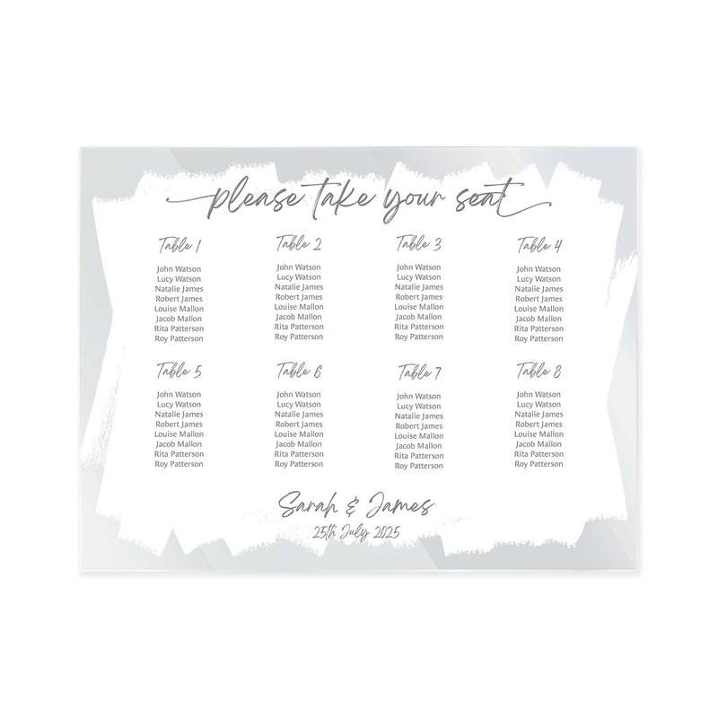 Personalised White Paint Stroke Clear Acrylic Table Plan Sign / Large 59.4 cm x 42 cm Custom Seating Plan Sign / Elegant Wedding Reception Sign / Made In The UK