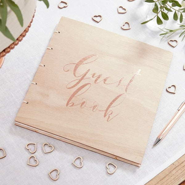 Rose Gold Wooden Guest Book.