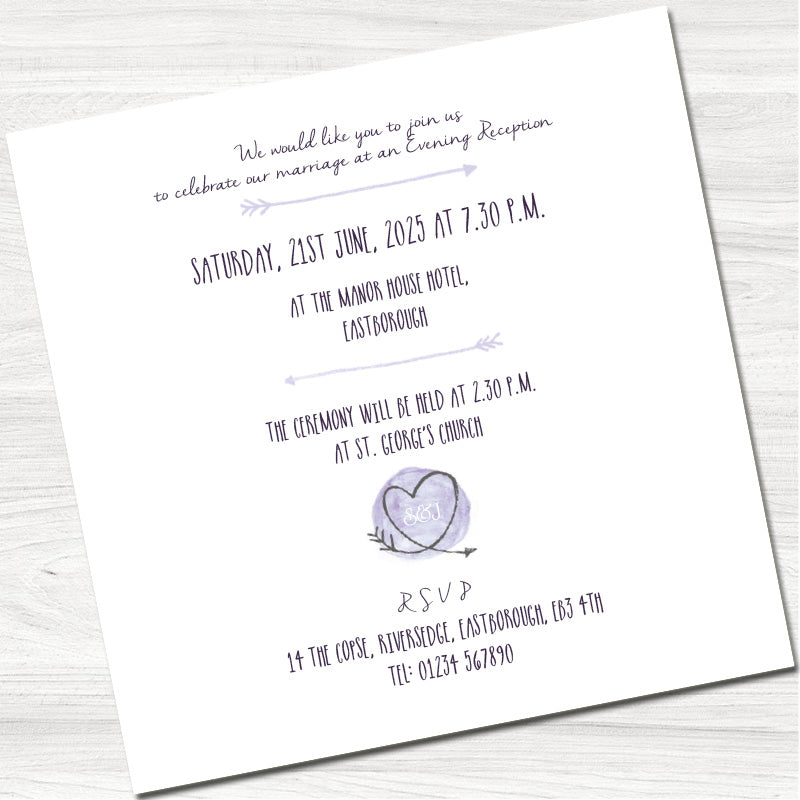 Sketchy Heart Purple Wedding Evening Invitation