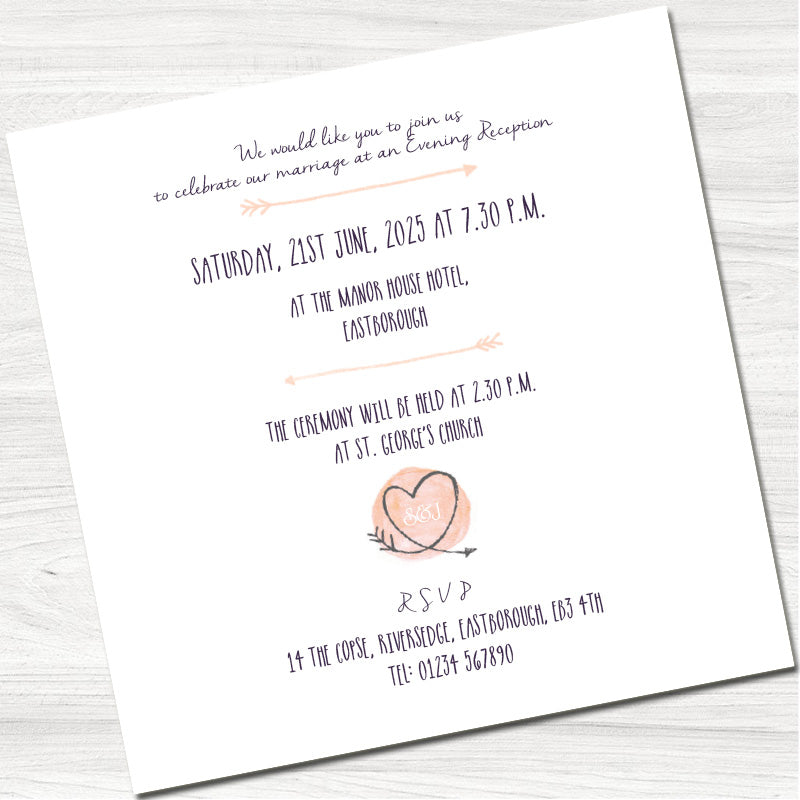 Sketchy Heart Peach Wedding Evening Invitation