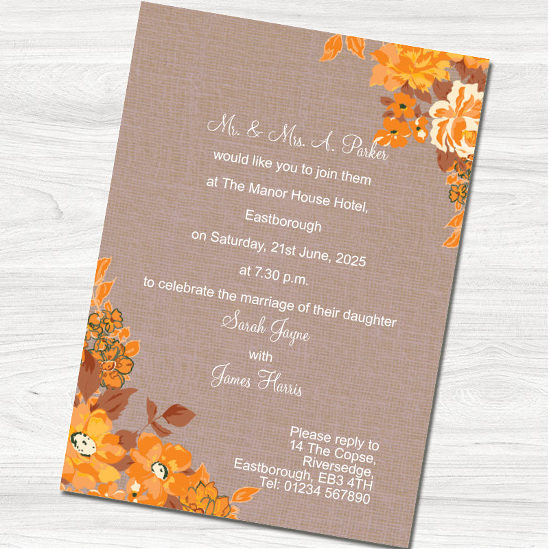 Orange Bouquet Wedding Evening Invitation - Back
