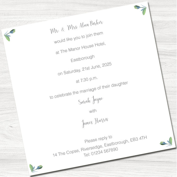 Greenery Wedding Evening Invitation - Back