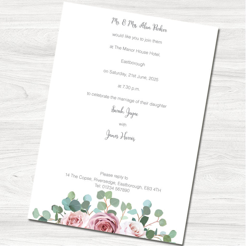 Pink & White Rose Wedding Evening Invitation - Back