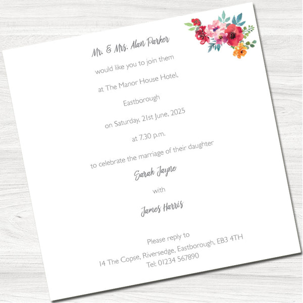 Water Colour Bouquet Wedding Evening Invitation - Back