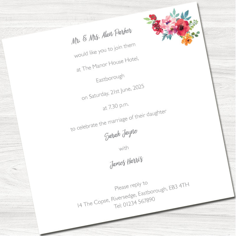 Water Colour Bouquet Wedding Evening Invitation - Back