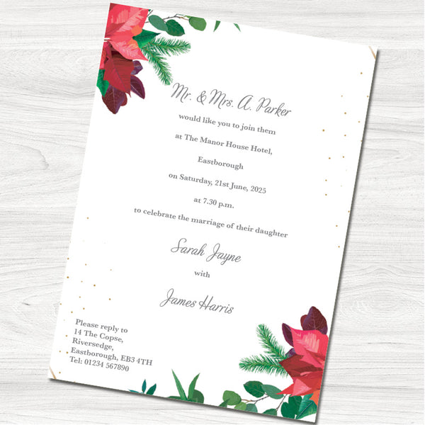 Red Poinsettia Wedding Evening Invitation - Back