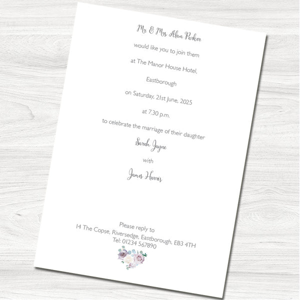 Dusky Violet Roses Wedding Evening Invitation - Back