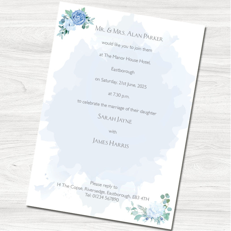 Dusky Blue Rose & Hydrangea Wedding Evening Invitation - Back