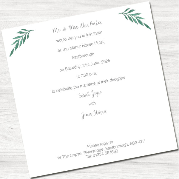 Fern Leaves Wedding Evening Invitation-Back