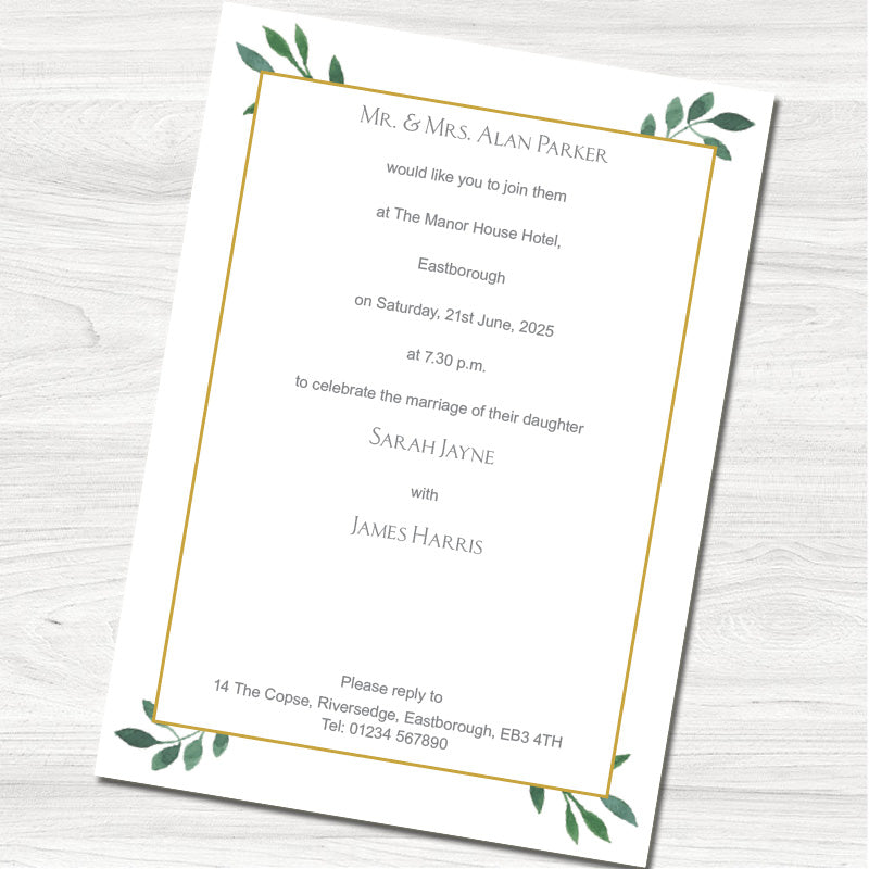 Eucalyptus Wedding Evening Invitation - Back