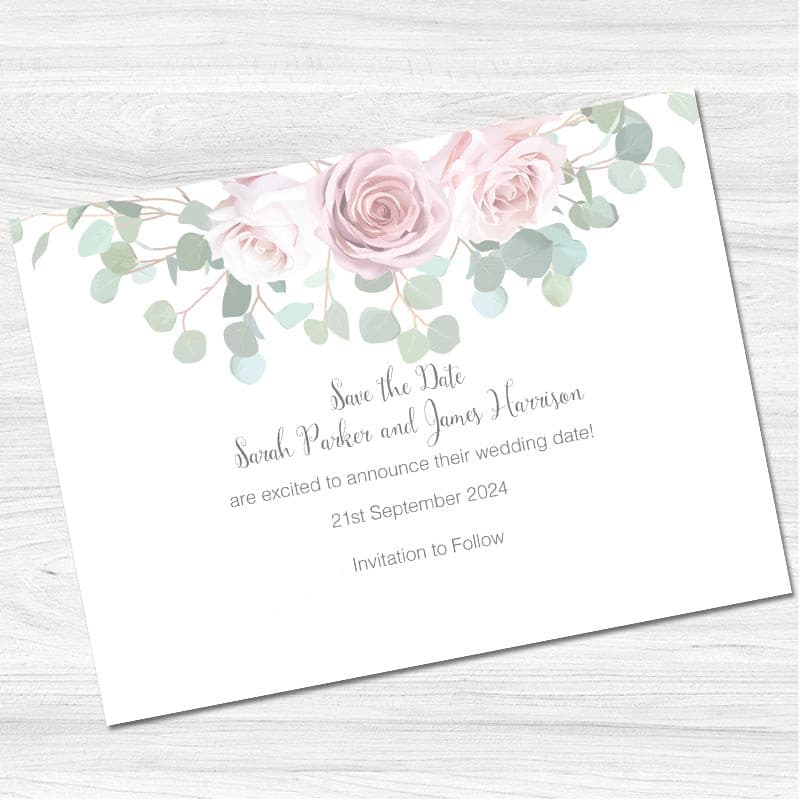 Pink & White Rose Save the Date Card.