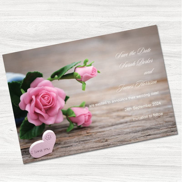 Pink Rose Save the Date Card.
