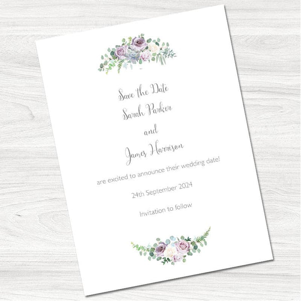 Dusky Violet Roses Wedding Save the Date Card.