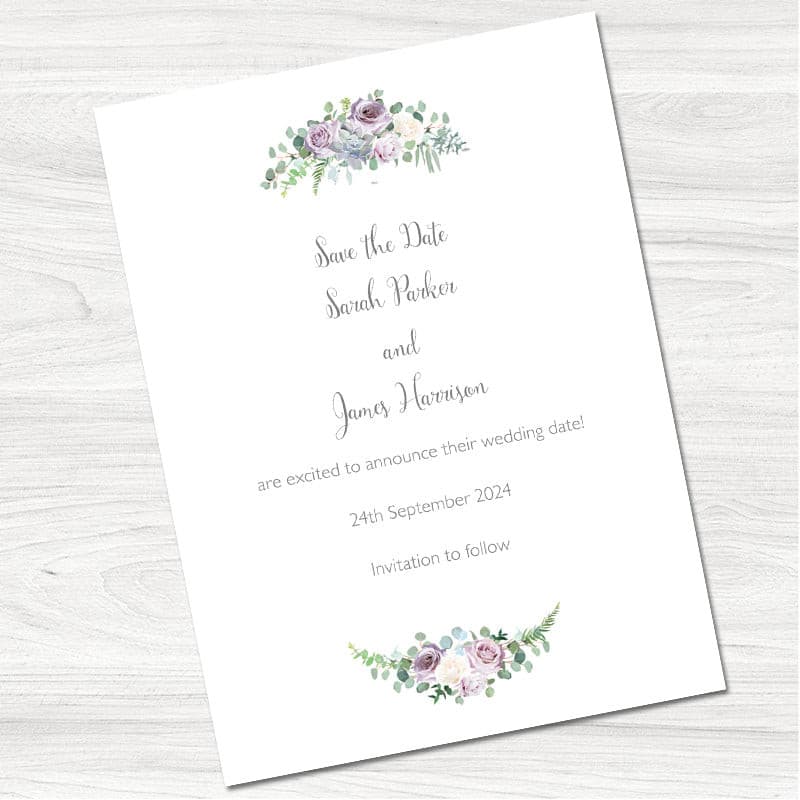 Dusky Violet Roses Wedding Save the Date Card.