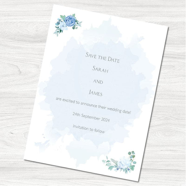 Dusky Blue Rose & Hydrangea Save the Date Card.