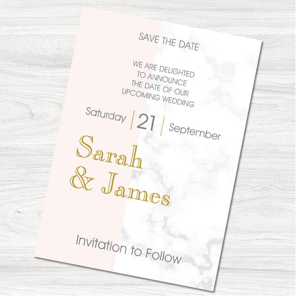 Pink & Grey Marble Save the Date Card.