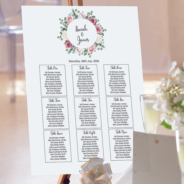 Pink & White Rose Wedding Table Plan.