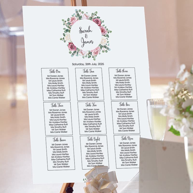 Pink & White Rose Wedding Table Plan.