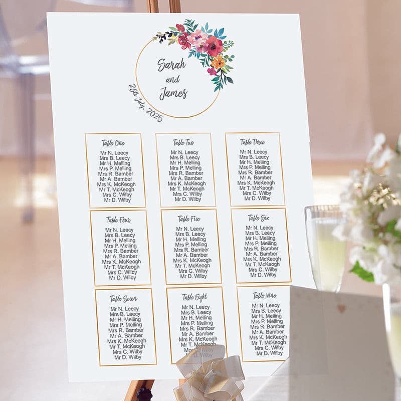Water Colour Bouquet Wedding Table Plan.