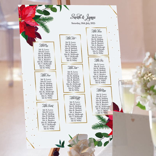 Red Poinsettia Bouquet Wedding Table Plan.