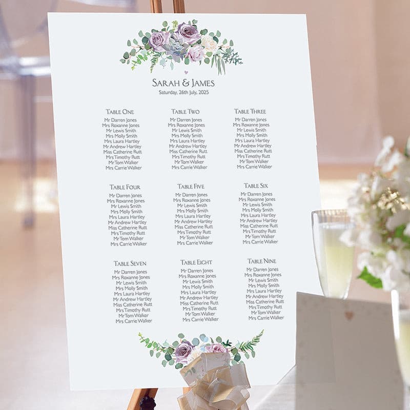 Dusky Violet Roses Wedding Table Plan.