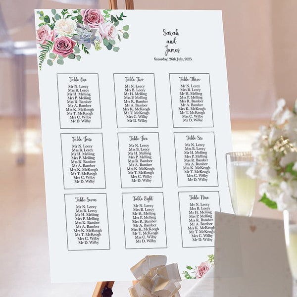 Dusky Pink Roses Wedding Table Plan.